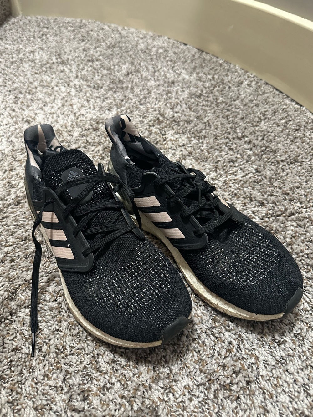 adidas Ultraboost 20 Black Sneakers with Light Pink Stripes